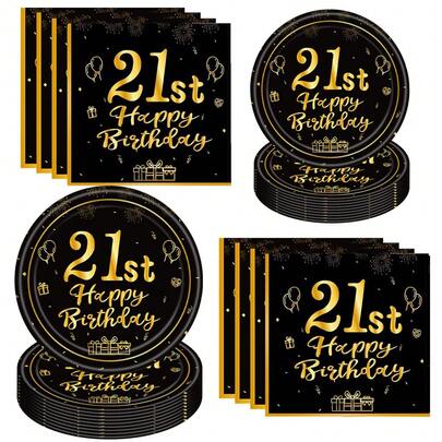 10 件/20 件/40 件/60 件/套，21 岁生日装饰生日快乐装饰 21 岁餐具餐桌装饰黑色和金色 21 岁生日盘子餐巾餐具 21 岁生日装饰万圣节餐桌装饰