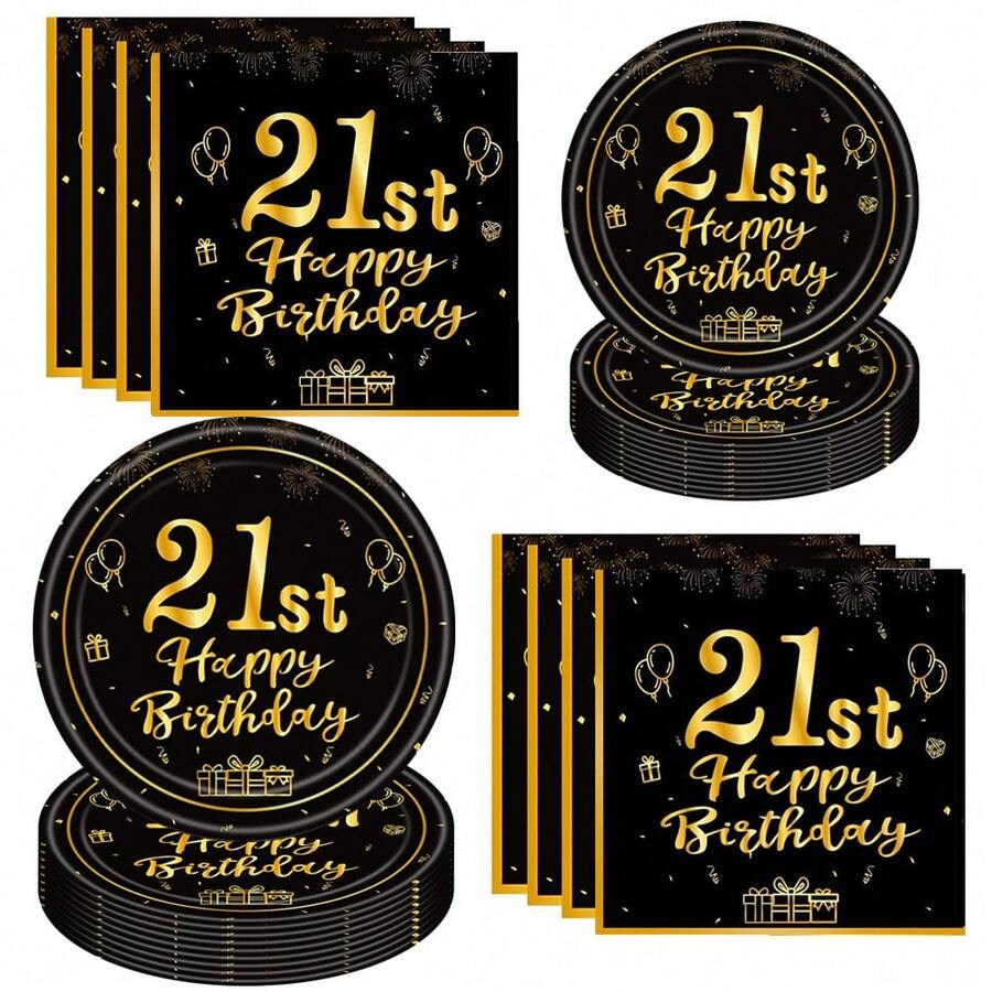 10 件/20 件/40 件/60 件/套,21 岁生日装饰生日快乐装饰 21 岁餐具餐桌装饰黑色和金色 21 岁生日盘子餐巾餐具 21 岁生日装饰万圣节餐桌装饰 - 黑色21歲 - 查看 1