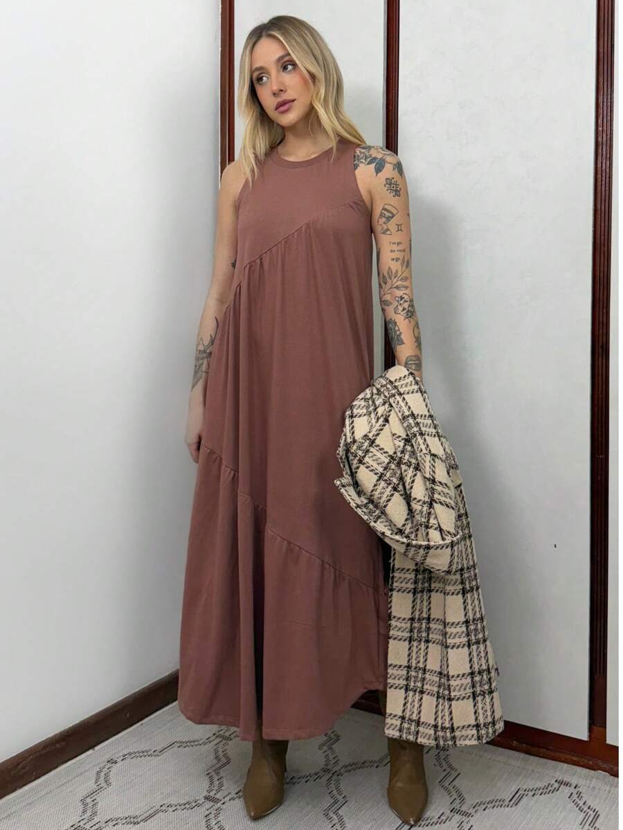 Women's Long Dress In Cotton Knit Aveloz - 巧克力棕 - 查看 1