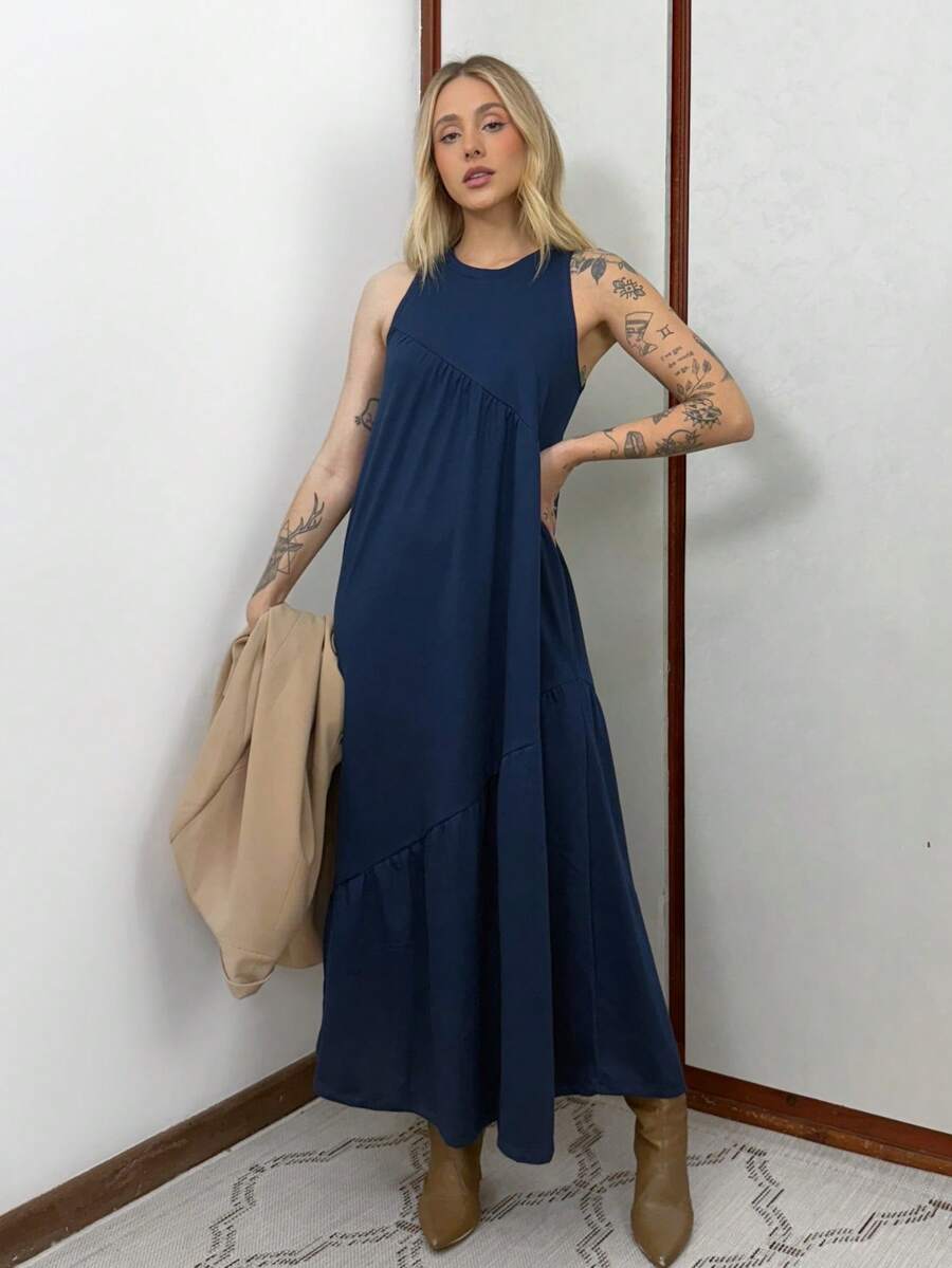 Women's Long Dress In Cotton Knit Aveloz - 藏蓝色 - 查看 1