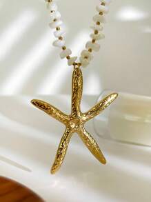 Monlansher Collana con pendente a forma di stella marina in acciaio inossidabile e perline alla moda per donna, collana artigianale con catena e pietra bianca, adatta a uso casual, da festa e quotidiano