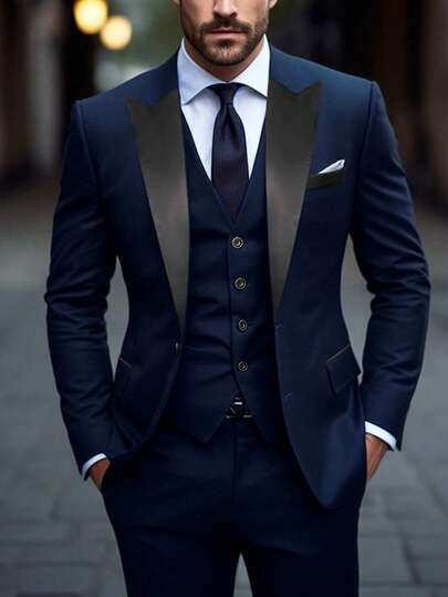 3 件套男士西装套装：夹克、背心和裤子，撞色领子，适合婚礼、派对、聚会的正式服装