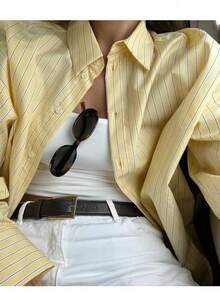 DEEKA 新款夏季女装时尚网红风格休闲黄色条纹宽松衬衫 - 黃色 - 查看 11