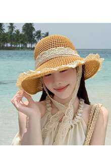 1 件女士宽边草帽，透气蕾丝镂空沙滩遮阳帽，夏季 - 彩色 - 查看 11