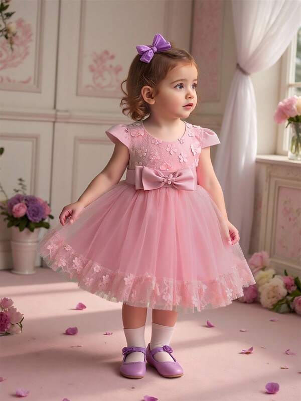 Baby Girl Solid Color Flower Applique Bow Puff Sleeve Cute Princess Dress, Suitable For Party And Holiday, Without Hair Accessories