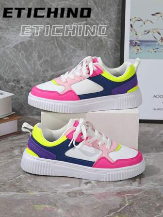 scarpi sportivi piatte con allacciatura, punta tonda, stile campus primaverile/autunnale, scarpe da allenamento in tessuto con colore a contrasto