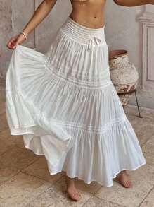 Falda larga con parches de encaje blanco de talle alto con efecto de "bubble", estilo bohemio, adecuada para festivales de música, conciertos, fiestas de Coachella, uso diario de chicas jóvenes, fotos de playa y vacaciones, estilo bohemio de verano