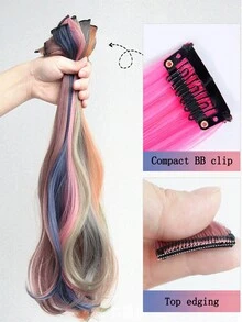 Long Curly Hair Color Hair Piece Hair Extensions Clip In Highlight Rainbow Hair Streak Pink Synthetic Hair Strands On Clips - Multicolor - View 6