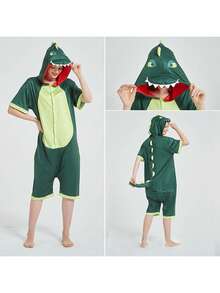 Pijama entallada infantil en forma de animal para verano, adecuada para niños y niñas de 4 a 13 años, de diseño neutro. Con motivos cartunescos suaves, es cómoda y apta para usar en el hogar, en actividades cotidianas y hasta para salir. Es un pijama entallado corto. - Verde - Ver 5