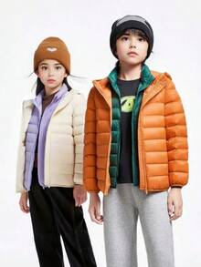 Annil 童装：女童女童男童男孩成人青少年保暖短款羽绒服远红外加热三防连帽外套冬季 - 杏色 - 查看 3