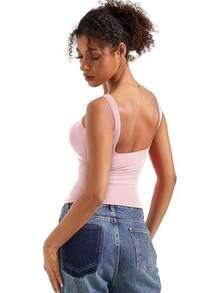 SUUKSESS Women Padded Open Back Boat Neck Tank Tops Double Lined Basic Shirts Halloween Christmas New Year - Pink - View 3