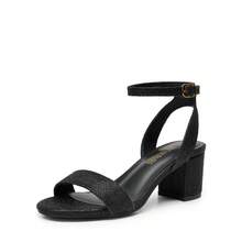 Women Chunky Low Heeled Summer Sandals, Elegant Ankle Strap Open Toe White Sandals For Women - 黑色/萊茵石 - 查看 1