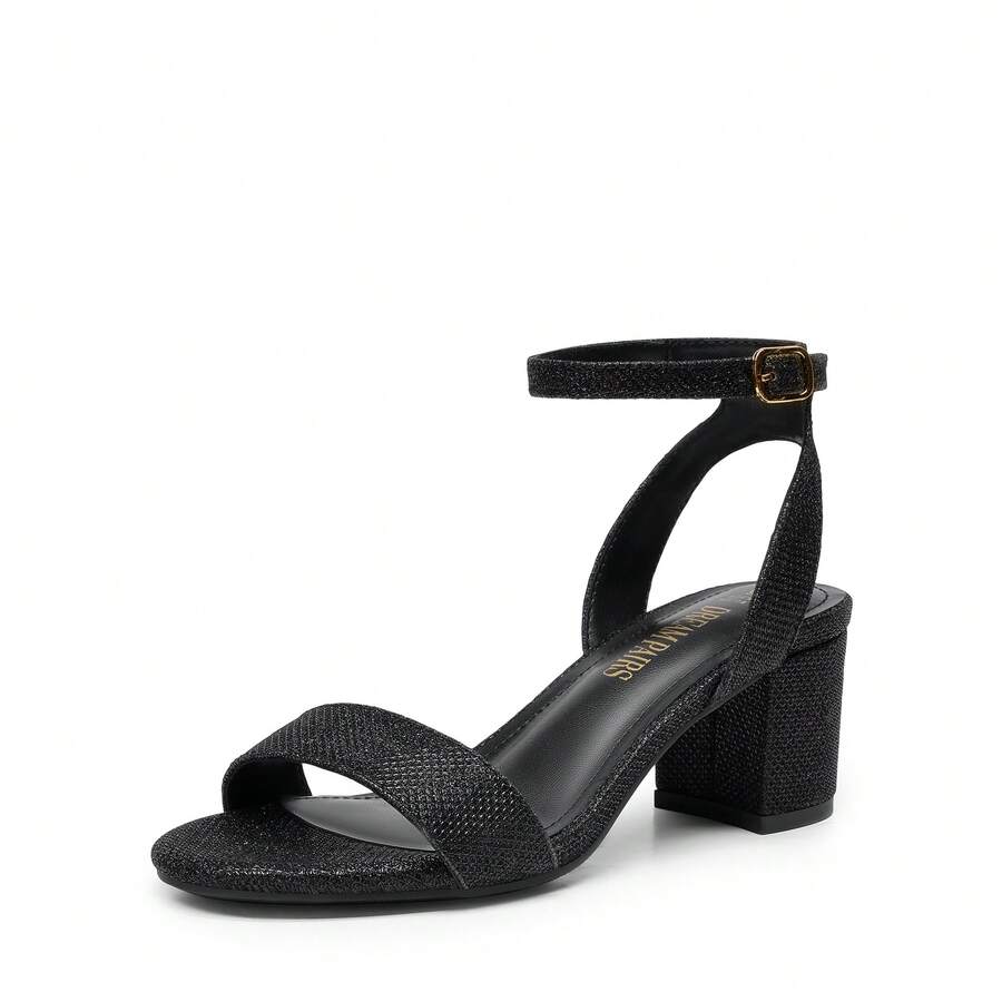 Women Chunky Low Heeled Summer Sandals, Elegant Ankle Strap Open Toe White Sandals For Women - 黑色/萊茵石 - 查看 1