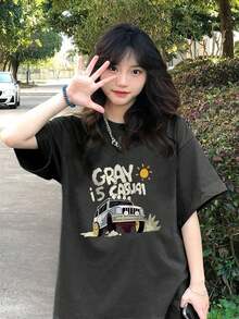 200g Pure Cotton T-Shirt 2025 Summer Ladies New Short Sleeve Pure Cotton Holiday Pattern Short Sleeve Round Neck Couple Wear Small Shirt Tops - 深灰色 - 查看 1