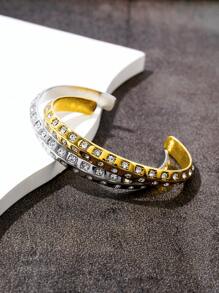 1pc Double Row Crystal C-Shape Open Bangle Bracelet, 18K Gold Stainless Steel Plating, Fashion Jewelry Suitable For Women's Daily Wear