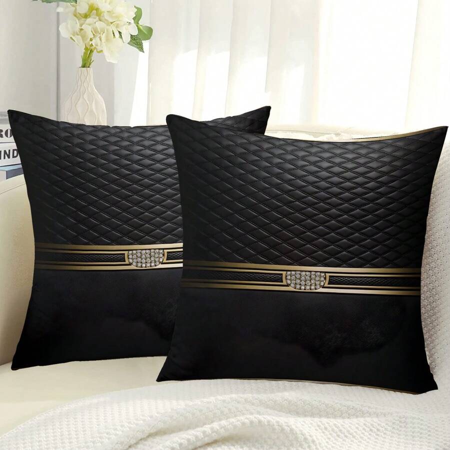 2 vỏ gối trang trí in họa tiết kim cương đen và vàng thanh lịch, phong cách nghệ thuật hiện đại - Vỏ gối polyester mềm mại và thoải mái, 17,72" X 17,72", Khóa kéo ẩn, Có thể giặt bằng máy, Dùng để trang trí phòng khách và phòng ngủ - Không bao gồm gối - Nhiều màu - Xem 1