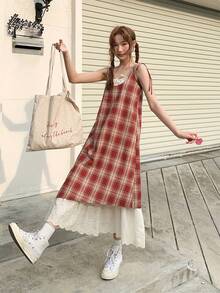 蓝色格子设计吊带连衣裙，女式迷你撞色蕾丝长裙，夏季休闲 - 紅色 - 查看 1