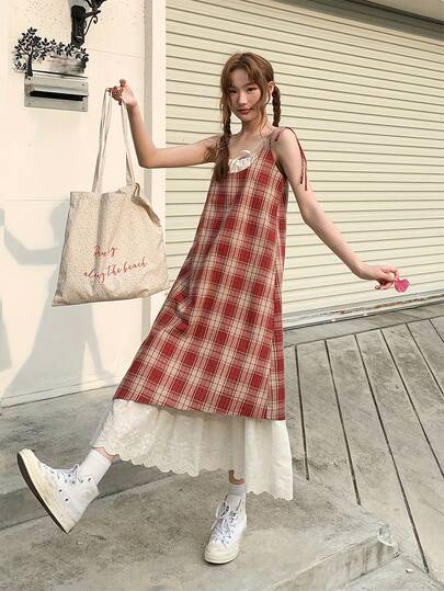 蓝色格子设计吊带连衣裙，女式迷你撞色蕾丝长裙，夏季休闲