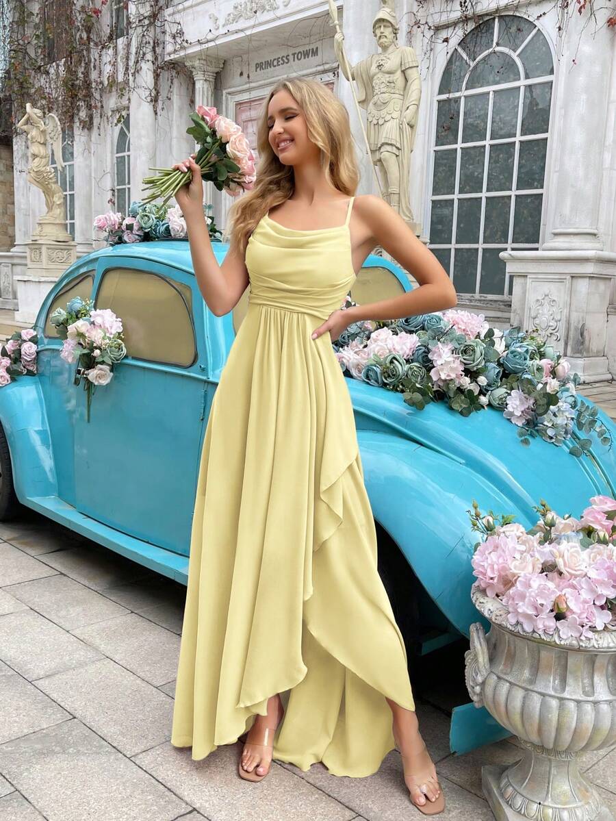 QOQ 优雅简约女士婚礼正式礼服，夏季伴娘礼服，适合婚礼、宾客、晚宴、正式活动、订婚派对、花园婚礼 - 纯色垂褶领不对称下摆挂脖伴娘长裙 - 淺黃色 - 查看 1