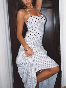 Women Y2K Polka Dot Halter Maxi Dress Spaghtti Strap Halter Neck Flowy Long Cami Dress Summer Backless Sleeveless Open Back Going Out Dresses Party Beach Vacation Sundress - 白色 - 查看 4