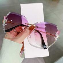 1pc Rhinestone Decorative Fashion Glasses For Women, Fashionable Y2K Style, Slimming, Versatile Preppy Style For Back To School Butterfly Shape Rhinestone Decor - Purple Yellow - View 2