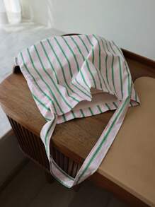 Collegiate Style Light Green Stripe Shoulder Bag For Women, Minimalist Casual Tote Bag, Lightweight Canvas Commuter Bag