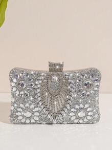 1 pieza Bolso de noche con cadena desmontable y decoración de strass plateado