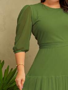 Plain Tulle Godet Dress With Belt 3/4 Sleeve Conservative/Modest Elegant Evangelical Church Fashion Santa Modas - 苔蘚 - 查看 3