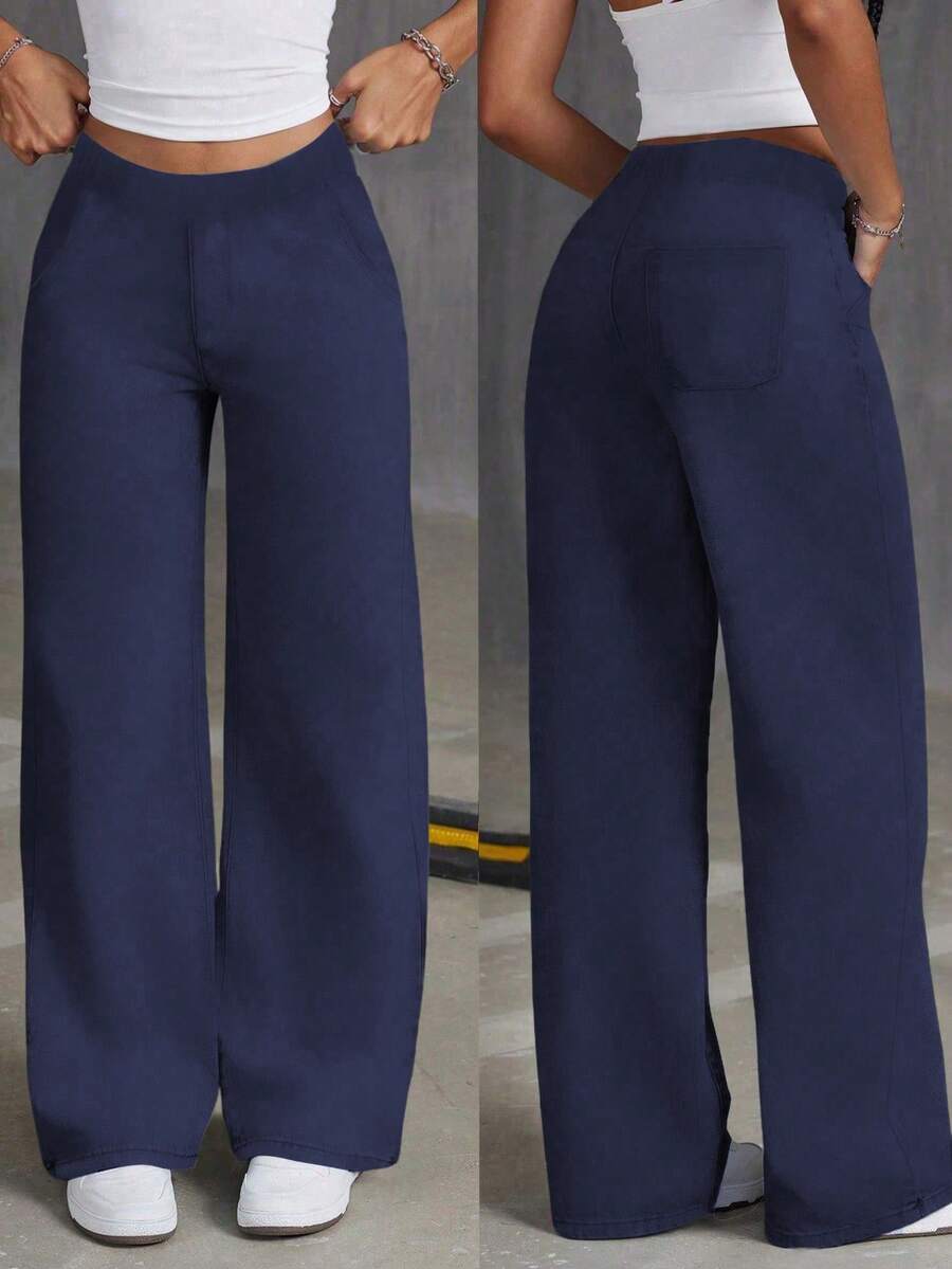 1pc Casual Loose Straight Pocket Pants, Suitable For Spring, Summer And Autumn - Navy Blue - View 1