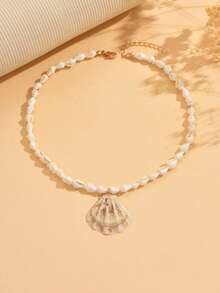 1pc Natural Seashell Beaded Necklace, Handmade Seashell Pendant Choker, Fashion Ocean Style Jewelry For Women, Suitable For Vacation, Party And Daily Matching, The Pattern And Size Of Natural Seashells Are Randomly Distributed - Multicolor - View 2