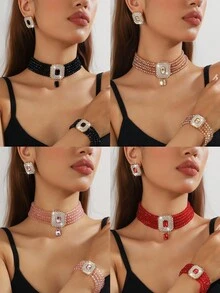 1 conjunto de colar e brincos de cristal geométrico quadrado feminino de luxo, rosa, champanhe dourado, branco, preto e vermelho, e pulseira de cristal multicamadas, para uso formal e diário - Conjunto de três peças de cristal - Ver 13