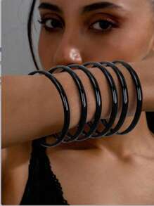 6 Peças Conjunto Pulseira Bracelete Preto Liso Empilhável