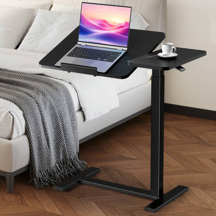 OLIXIS Overbed Bedside Table With Wheels, Adjustable Tilt Top Medical Hospital Bed Tables Standing Stand Up Rolling Laptop PC Desks Computer Workstation TV Tray For Bedroom Home Use, White - 黑色 - 查看 1