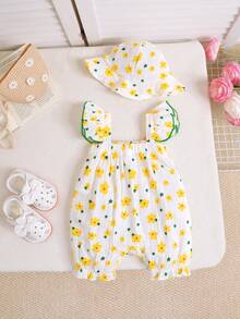 2pcs Set Cute Baby Girls Summer Ditsy Floral Romper + Hat - Yellow - View 6