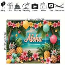 2D Flat 1 Piece Hawaiian Seaside Outdoor Theme Background Banner Aloha Alphabet Pineapple Floral Pattern For Hawaiian Seaside Party Background For Vacation Party Moments Photography Background Decoration Props Vinyl Material