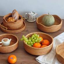 1pc Rattan Wave Rim Round Tray, Fruit Plate, Kitchen Storage Basket, Vegetable Basket, Handwoven Rattan Storage Bin - Brown - View 3