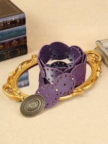 1 条女式紫色圆扣 PU 腰带，波西米亚风格花卉扣，日常和派对必备时尚百搭腰带，夏季、学校秋季、秋季、万圣节 - 紫色 - 查看 6