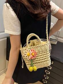 1 件可爱假日风格镂空草编女士抽绳水桶包，花朵装饰斜挎单肩包，适合女性夏季海滩度假、休闲、拍照、送礼，高评价品牌 - 彩色 - 查看 6