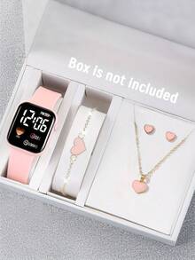 5/1 Pieces Of Cute Girl Square Silicone Digital Display Electronic Watch Paired With Heart-Shaped Bracelet, Necklace And Earrings, Suitable For Parties, Vacation Supplies, Vacation Outfits, Back To School And To Buy Gifts For Friends And Relatives