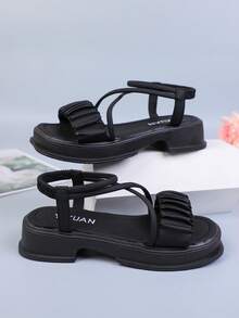 Women's Sandals 2025 New Summer Korean Fashion Platform Thick Bottom Solid Color Versatile Criss-Cross Strap Roman Beach Sandals - Black - View 3
