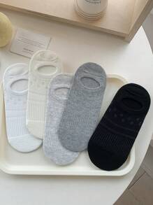 5 Pairs Women Solid Color Boat Socks, Invisible Silicone Non-Slip Breathable Hollow Out Thin Casual Socks