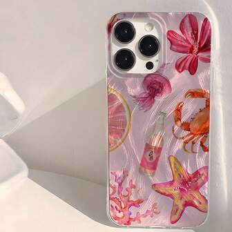 1 pieza Funda de teléfono artística con diseño de vida marina, como cangrejo rojo, medusa, estrella de mar, coral, algas marinas, corazón rosa, con efecto degradado plateado, a prueba de golpes, resistente al agua y a los arañazos, compatible con Samsung/OPPO/VIVO/Honor/Redmi/Transsion