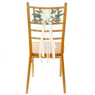 1pc Wedding Ceremony Chair Decoration, Floral Handrail Decor, Mori Style Chair Back Flower, Artificial Lotus Leaf Aisle Decor, Chiffon Ribbon White Chair Back Floral
