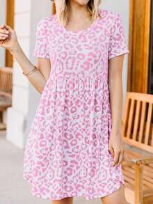 Women Leopard Print Round Neck Loose Casual Short Sleeve T-Shirt Dress - Hồng - Xem 4