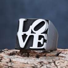 1 Piece Brushed Waterproof Stainless Steel Punk Hip Hop Square Emotion Statement Initials Word LOVE Signet Ring For Man And Women