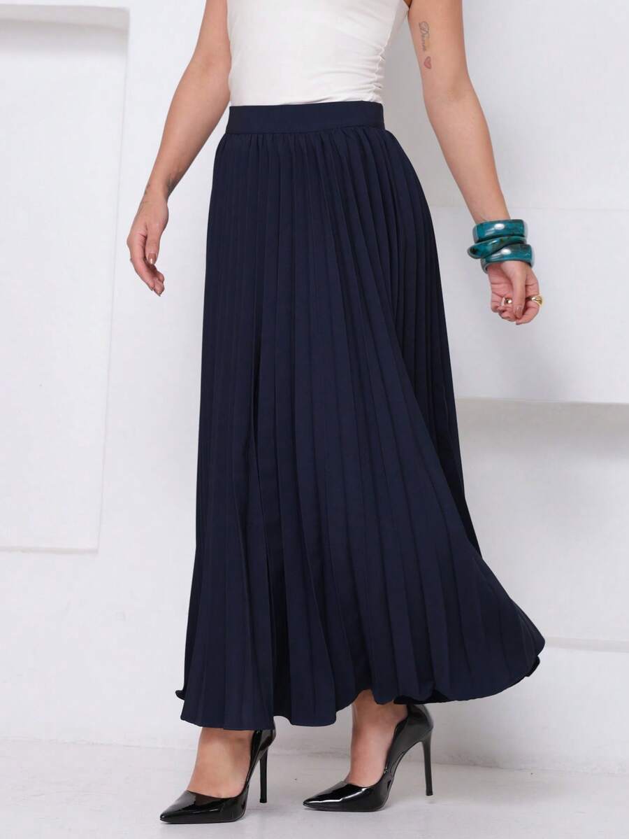 LXC Women's Pleated Skirt, Women's Vintage Midi Skirt, Elegant High Waist Long Skirt, Simple, Casual, Pleated, Office, Wedding - 藏蓝色 - 查看 1