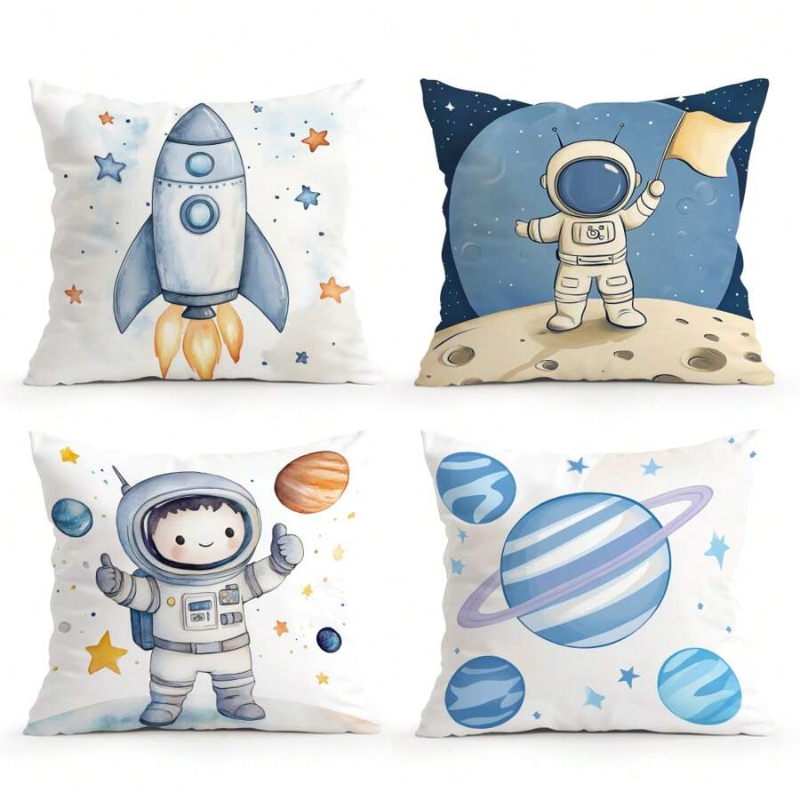 4-teiliges Set Kopfkissenbezug mit Cartoon Weltraum Motiv, einseitig Muster