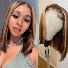 8 10 12 14 Inch 200% Density 13x4 HD Transparent Bob Lace Front Wigs Brazilian Virgin Wig Ear To Ear Straight Highlight Human Hair Blended Hair Glueless Lace Frontal Wigs Pre Plucked With Baby Hair Bone Straight