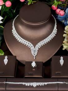 1 set de bijuterii pentru femei, include colier, cercei, brățară, inel, cu decor cu frunze de zirconiu cubic, stil minimalist, potrivit pentru cadou de Ziua Îndrăgostiților