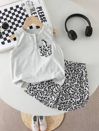 Boy Penguin Graphic Match Leopard Print Pocket Shorts, Fashionable And Casual Boys Summer Vest Set